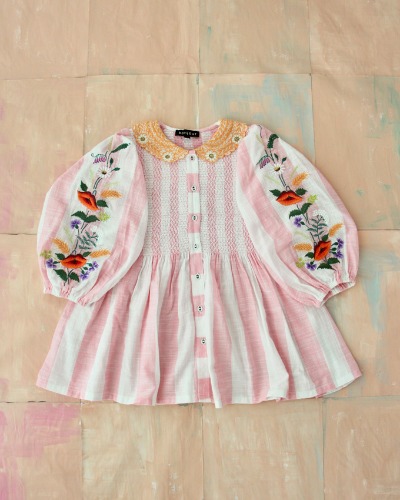 Tunique Blouse with embrloidery collar &amp; sleeve_Pink Stripe_S22TULPS