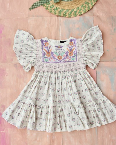 New Rosalie Dress with new sleeves_Small pastels flowers white_S22ROSP