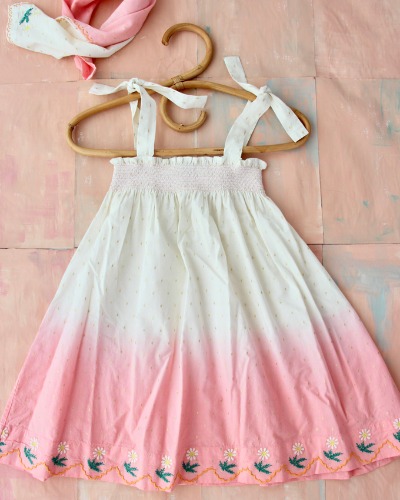 Dip dye skirt dress with embroidery + scarf_pink dot_S22LSKGD