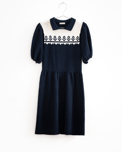 RETRO KNITTED FLOWERS DRESS_NAVY_FKW22-008