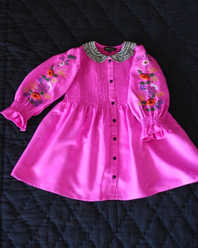 DRESS WITH EMBROIDERY COLLAR AND SLEEVE_Solid Fushia Corduroy_N63-W22